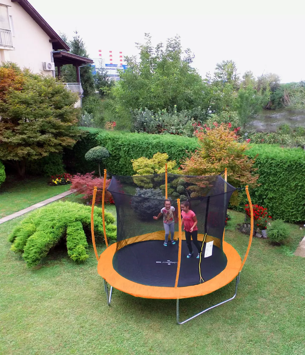 Trampolin LEGONI SPACE z zaščitno mrežo 366 cm, oranžen